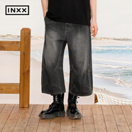 英克斯（inxx）美式噴馬騮牛仔七分褲男女同款結構感寬松闊腿直筒褲潮牌 深灰色 L