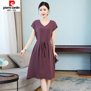 皮爾卡丹（pierre cardin）氣質(zhì)OL風收腰連衣裙中長款2021夏新款色媽媽裝系腰帶大擺A字裙 玫紫色 L 建議100-120斤