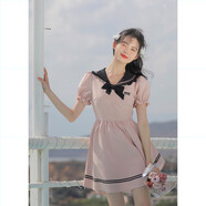 玲玖少女學(xué)院水手領(lǐng)減齡可愛(ài)收腰A字裙日系甜美小清新連衣裙女夏 粉色 連衣裙 送領(lǐng)結 現貨 XS