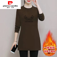 皮爾卡丹（pierre cardin）雙面德絨打底衫中長款女加絨加厚秋冬新款時尚女士遮肚保暖T恤衫 花紋-咖啡色(雙面德絨) M 建議(80-100斤)
