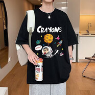 南極人太空宇航員蠟筆小新短袖T恤男女夏季2025新款寬松半袖上衣服 黑色 L
