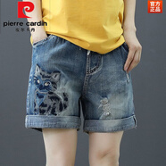 皮爾卡丹（pierre cardin）民族風(fēng)繡花牛仔短褲女夏大碼胖MM復(fù)古刺繡五分褲松緊腰四分褲女裝 小貓款 S 建議70-85斤