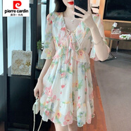 皮爾卡丹（pierre cardin）2025新款夏季碎花連衣裙韓版瑞麗甜美淑女型荷葉邊 杏色連衣裙 S 80-100斤