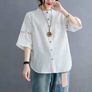 蘑菇同學(xué)大碼女裝棉麻刺繡襯衫女夏胖mm復(fù)古民族風(fēng)寬松顯瘦七分袖立領(lǐng)上衣 白色 L 【建議120-140斤】