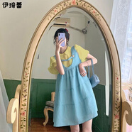 伊琦蕾（YIQILEI）胖MM200斤特藍黃撞色裙子森系初戀裙連衣裙甜美胖女生穿搭 黃色襯衫+藍色背帶裙連衣裙 S (建議90斤內)