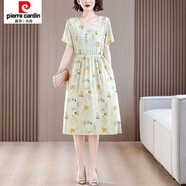 皮爾卡丹（pierre cardin）波點棉綢連衣裙女夏季時尚外穿洋氣綁帶收腰寬松遮肚短袖過膝裙子 夜宴仕女 L 【100-110斤】