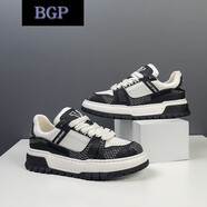 BGP2025春季新款厚底板鞋男士休閑鞋男款潮鞋百搭拼接拼色厚底低幫鞋 黑色 38