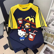 女童卡通hellokitty三條杠短袖寬松純棉撞色t恤上衣夏潮牌中大童 藏青拼黃三條杠 150