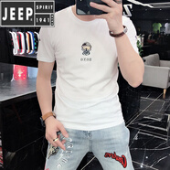 JEEP SPIRIT夏季男士短袖T恤韓版修身后背印花燙鉆冰絲歐貨絲光棉T恤男短袖t 白色 2XL