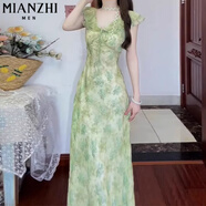 棉致法式綠色v領碎花連衣裙女夏季2025新款小個子收腰顯瘦氣質(zhì)長裙 C3L52103-2綠色【高品質(zhì)58】 L 100-115斤