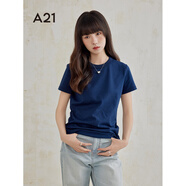 A21女裝圓領(lǐng)短袖T恤夏季新款純色簡(jiǎn)約百搭休閑短款上衣 寶藍(lán) S