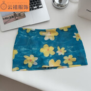 君瑞思fortunee原創(chuàng)夏日度假手繪雞蛋花朵網(wǎng)紗短裙女低腰包臀超短半身裙 藍(lán)色半裙 S