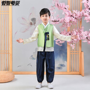 民族服裝兒童 朝鮮族六一兒童演出服裝韓版小孩傳統(tǒng)古裝女童改良韓服女寶寶朝鮮族童裝2 新男三件套淺綠 130