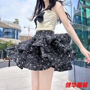 美安嘉碎花雪紡短裙半身蛋糕裙荷葉邊高腰大碼女裝胖mm 589：黑白碎花 a字半身裙 L 建議101-110斤