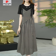 皮爾卡丹（pierre cardin）【3457人收藏】高定款夏裝新款歐韓版時尚裙子洋氣遮肉顯瘦中長款 黑格子 送退貨包運費 L 建議100斤-115斤