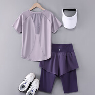 蜜莎蜜拉（Mirza Mirror）跑步運(yùn)動(dòng)套裝女晨跑服夏訓(xùn)練五分褲跳操服薄款寬松透氣健身衣短袖 紫色兩件套紫褲 L