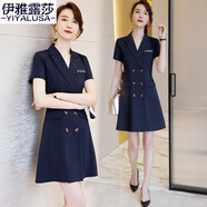 伊雅露莎職業(yè)裝女西裝連衣裙短袖夏季商務(wù)通勤正裝風(fēng)衣裙面試工作服5105 藏青 M