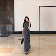 S.SOFEA夏季修身魚(yú)尾裙女收腰包臀長(zhǎng)裙綁帶設(shè)計(jì) 灰色 S