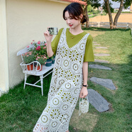 皮爾卡丹（pierre cardin）鏤空罩裙疊穿綠色連衣裙女夏2025新款減齡套裝裙兩件套t恤裙爆款 圖片色(套裝） M （建議105-115斤以內(nèi)）
