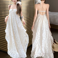 斤慕法式露背掛脖連衣裙海邊度假仙氣純欲溫柔風(fēng)帶胸墊A字長(cháng)裙子 米杏色S