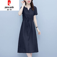 皮爾卡丹（pierre cardin）2025新款韓版抽繩收腰氣質(zhì)顯瘦短袖中長(zhǎng)裙女色棉麻連衣裙子 深藍(lán)色 XL (建議115-130斤)