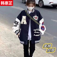 韓惠芷美式復古加厚棒球服外套女春秋新款韓版寬松百搭學(xué)生夾克機車(chē)風(fēng)潮 A29藏青色冬款 【夾棉加厚】 XL 【建議125-150斤】