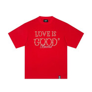 法登爵【頂級版本】GOODBRAND珍珠標(biāo)語短袖寬松字母印花燙鉆T恤情侶同款 鉚釘珍珠-紅色 XL  頂級版本三標(biāo)齊全