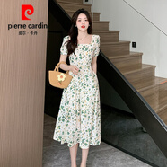 皮爾卡丹碎花連衣裙女夏2025新款小個子束腰顯瘦氣質(zhì)方領(lǐng)a字仙女裙子 綠色 S 100斤以下