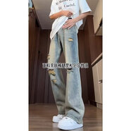 益帛微喇牛仔褲男士夏季薄款美式高街黃泥染做舊寬松休閑直筒長(zhǎng)褲子男 藍(lán)色破洞 XL 【建議120-135斤】