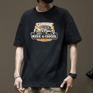 plory男裝重磅純棉T恤男夏季衣服美式印花純棉ins潮牌黑色短袖圖 黑色純棉短袖-8376 XL 【建議140-170斤】
