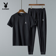花花公子（PLAYBOY）套裝男夏季冰絲短袖t恤男士潮流修身帥氣九分長褲休閑運動兩件套 1908黑色上衣+黑色長褲 M