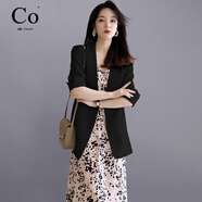 Co.女王輕奢2025夏季新款連衣裙小西裝女士薄款兩件套套裝氣質(zhì)顯瘦 雅黑外套+粉色連衣裙 M 【建議90-110斤】