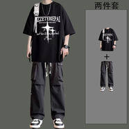 曙影（SHUYING）夏季短袖t恤男寬松百搭休閑潮牌上衣一整套搭配休閑褲痞帥套裝男 兩件套A504雙星黑T恤+黑色休閑褲 L