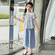 迪士尼（Disney）女童夏套裝2025新款大兒童衣服女孩兩件套夏季薄款碎花短袖八分褲 藍色上衣 160 （建議身高145-155CM）