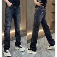 hteec香港潮牌修身牛仔褲休閑褲潮流男士直筒褲春夏新款百搭韓版長(cháng)褲 黑色 29