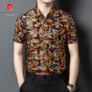 皮爾卡丹（pierre cardin）夏季青年男士短袖襯衫中年大花印花t恤男純棉半袖碎花花襯衣薄款 871紅色 4XL 190建議200-210斤
