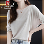 皮爾卡丹（pierre cardin）夏季新款圓領(lǐng)冰絲短袖女寬松慵懶風(fēng)蝙蝠衫T恤薄洋氣中袖上衣大碼 2024米灰2025 S
