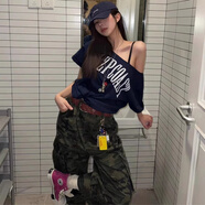 妙奕嘉斜肩上衣短袖T恤女美式純欲辣妹露肩顯瘦遮肚子純棉新款夏季女裝 美式印花露肩寬松短袖【藏青】 XL 【建議115-130斤】