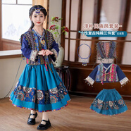 芭麥圖三月三民族服裝女童苗疆公主新款苗族壯族哈尼公主服裝楊超越同款 衣服三件套+頭飾 140 上衣老棉布布料