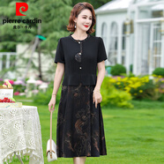 皮爾卡丹（pierre cardin）夏季中國風(fēng)媽M媽裝雪紡裙假兩件收腰顯瘦中年老年女裝中長(cháng)裙夏裝 黑色 XL 【建議80-105斤】