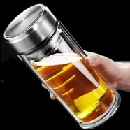 希諾（HEENOOR）摔不爛鋼化玻璃杯500ml耐摔高溫硼硅雙層玻璃杯保護套男士茶杯 搶?zhuān)弘p層隔熱防爆鋼 550ml