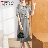 啄木鳥(niǎo)（TUCANO）母親節禮物媽媽裝新中式夏季兩件套連衣裙短袖雪紡裙子中老年女裝 灰色(開(kāi)衫+連衣裙兩件套) XL (推薦105斤以?xún)?