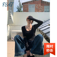 FSAT法式復古低領(lǐng)春秋新款針織打底衫女長袖春季t恤感內(nèi)搭上衣ins毛衣 黑色 L