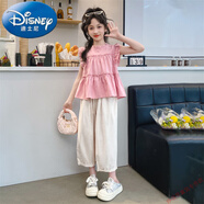迪士尼（Disney）女童夏裝飛袖套裝2025夏季新款中大童寬松洋氣時(shí)髦無(wú)袖褲子兩件套 粉色套裝【粉色上衣+米白色褲子 130 cm