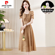 皮爾卡丹（pierre cardin）桑蠶絲100%官方高檔時(shí)尚高端杭州真絲連衣裙夏季薄款飄逸純色方口 卡其 M