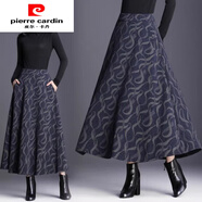 皮爾卡丹（pierre cardin）中老年媽媽裝毛呢冬裙半身裙女秋冬季洋氣大碼高腰顯瘦大擺長裙子 -深藍(lán)色條紋 XL 120-140斤