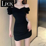 LPOX性感一字領(lǐng)露肩連衣裙女2025年新款氣質(zhì)名媛風(fēng)修身顯瘦褶皺包臀裙 黑色 L _100-115斤