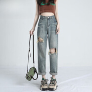 UKMR破洞牛仔褲女高腰顯瘦薄新款寬松顯瘦直筒老爹哈倫九分 復古藍-雙破洞【高品質(zhì)】 M 碼建議【94-105斤】