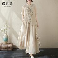 錦彩灣夏天穿的棉麻套裝女高端亞麻中國風(fēng)新中式國風(fēng)女士2025夏季新款媽 卡其色 XL （建議130至160斤）