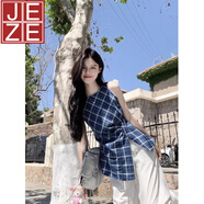 JEZE法式別致復(fù)古格紋掐腰上衣女夏季新款感小眾設(shè)計(jì)無袖掛脖小衫 牛仔藍(lán)【z】 M 【85-100斤內(nèi)】